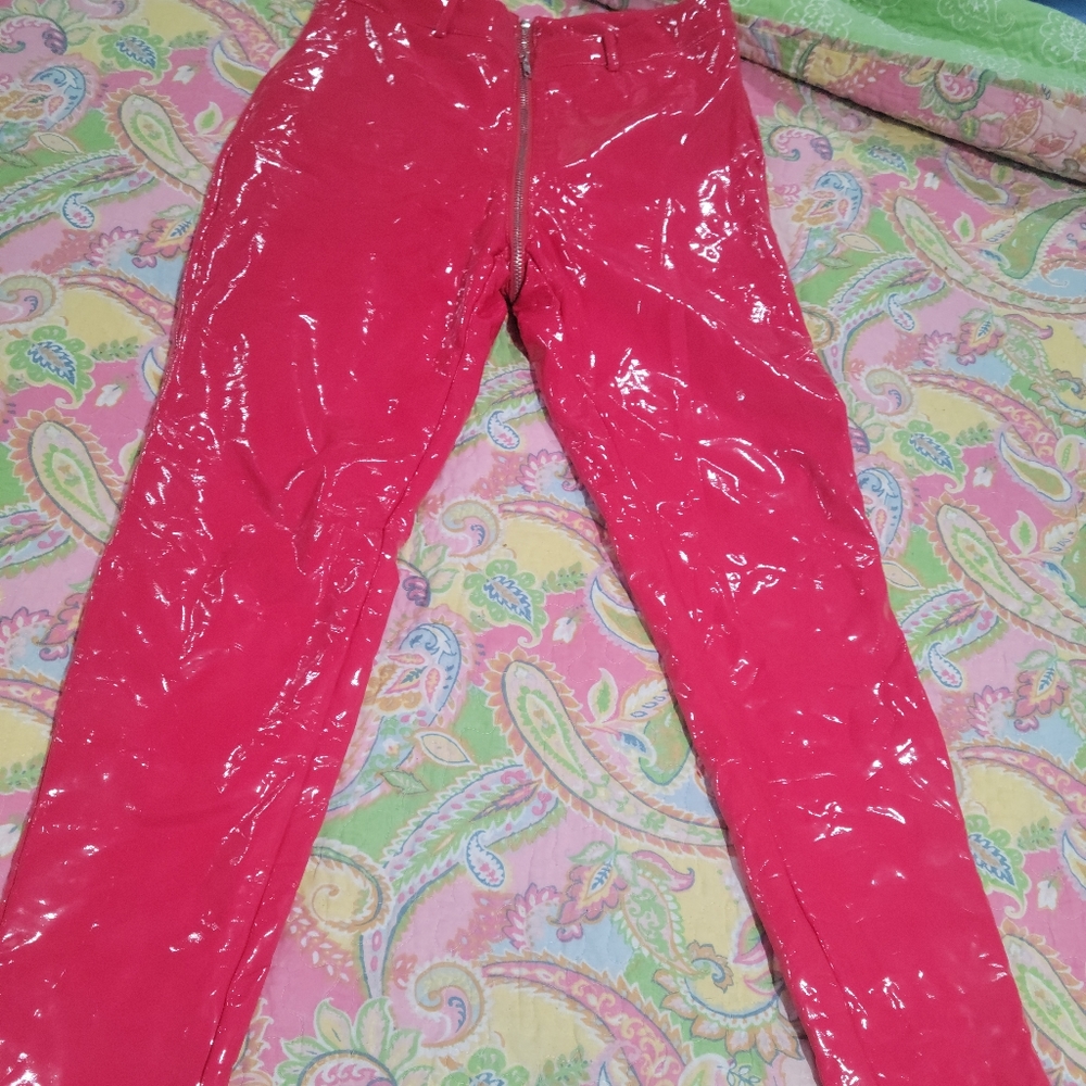 Red pat n leather skinny legs